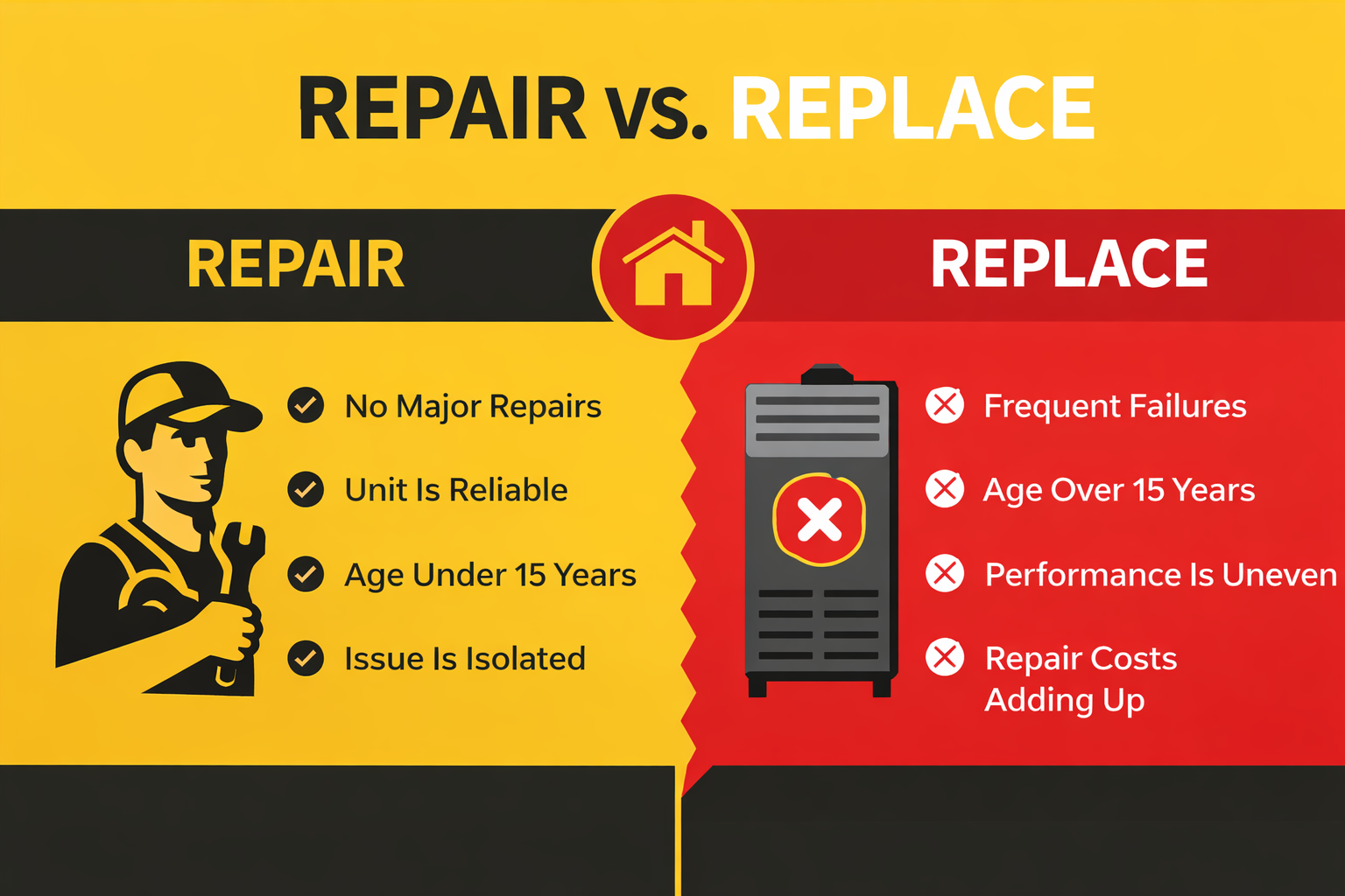 Repair vs. replace furnace infographic with yellow, red, and black sections comparing when to repair an older furnace versus when to replace it based on age, reliability, comfort, and repair frequency.